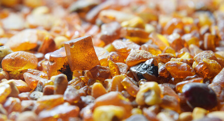 Amber stone  rough unpolished closed up background. Natural condition against a light.