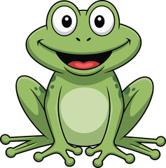 Cartoon frog, green amphibian, vector illustration, cute animal, kids drawing, smiling frog, playful character, coloring page, happy expression, sitting pose