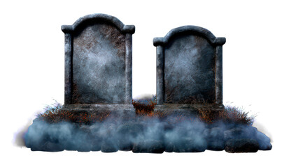 Abandoned Cemetery with Two Weathered Headstones and Fog Isolate on Transparent Background, cutout, png