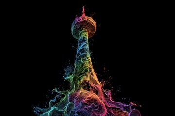 An imaginative abstract KL Tower formed from cascading streams of neon rainbow liquid, fluid organic shapes swirling into a tower silhouette, luminous against black backdrop, ultra-detailed high resol