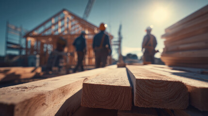Construction site with wooden planks in foreground, workers in hard hats collaborating on building framework, showcasing teamwork and dedication to craftsmanship in a vibrant outdoor setting