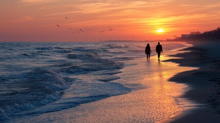 A candid moment of a couple enjoying a peaceful walk along the beach at sunset.