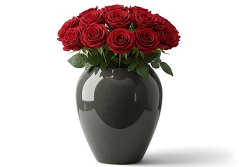 A beautiful bouquet of vibrant red roses arranged in a sleek, dark grey ceramic vase against a clean white background.