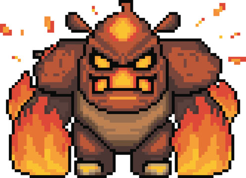 Pixel art fire monster, lava golem character, fantasy creature, glowing eyes, flaming arms, retro video game sprite, vector illustration