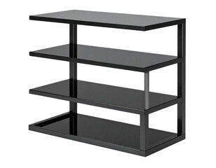 “Compact Three Tier Black Glass Shelf for Corners, isolated on a transparent background”.