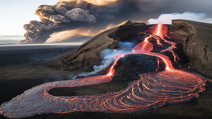 Icelandic Volcano Eruption with Lava Flow and Ash Cloud Scenic Aerial Panorama