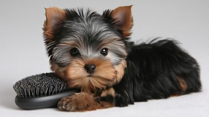 Tiny Yorkshire Terrier puppy resting on grooming brush, highlighting pet care, fur maintenance, and the cuteness of small companions