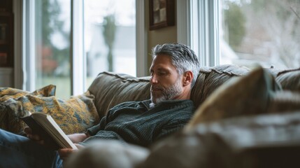 A candid shot of a man reading a book on a couch in a comfortable home setting.
