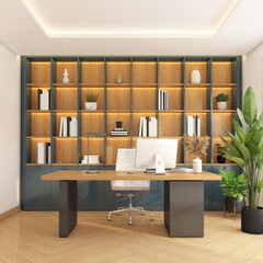 Modern minimalist manager room with built-in cabinet and wooden shelf, work desk and work chair, Green indoor plants on the side. 3d rendering