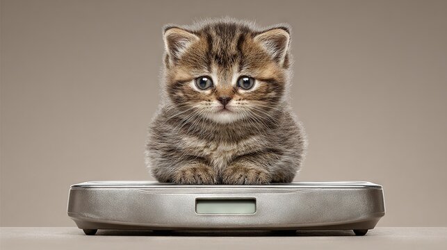 Adorable tabby kitten sitting on a digital scale, symbolizing pet health monitoring, growth tracking, veterinary care and responsible pet ownership