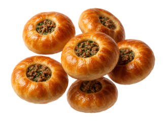 Baked round pastries filled with seasoned minced meat and herbs.