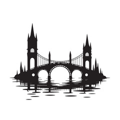 Obraz premium Silhouette of a grand, ornate bridge with towers and arches, reflected in water, isolated on white background