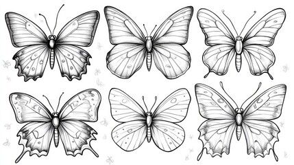 Obraz premium Six detailed hand-drawn butterfly illustrations in black and white.