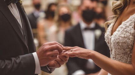 A close-up of a wedding ring exchange during a covid wedding, with guests seated far apart and wearing masks.