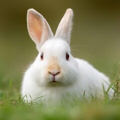 Obraz premium Close-up of fluffy white rabbit resting on spring meadow, shallow depth of field with blurred green grass background, soft natural lighting from side --ar 16:9 --v 7.0 --style raw --c 20 --s 20
