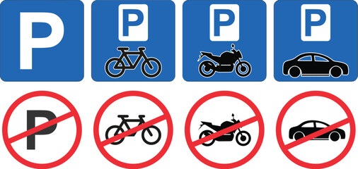 A comprehensive set of parking and no-parking signs for various vehicles, including cars, motorcycles, and bicycles, perfect for urban design and transportation.

