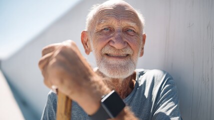 Close-up of an elderly smiling man outdoors in bright sunlight, leaning on a cane.