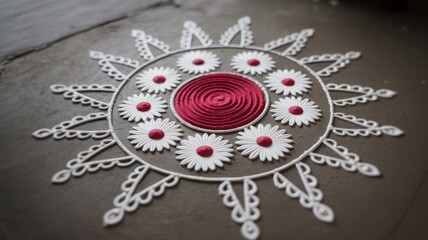 Intricate white and pink floral sunburst mandala design