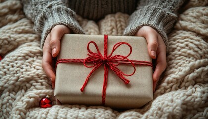 Woman holding present wrapped in brown paper with red twine bow. Use this image to promote gifting or seasonal celebrations.