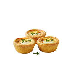 Golden-brown artisanal quiches with creamy filling and thyme, on a white plate against a gray studio background, 45-degree angle. Food concept