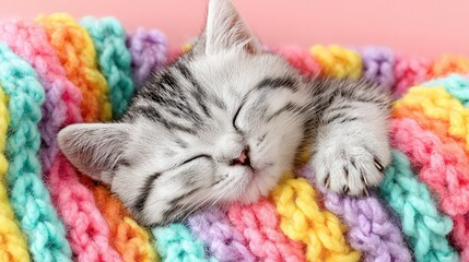 Adorable striped kitten sleeping peacefully wrapped in colorful knitted blanket, heartwarming scene of comfort, coziness, and feline innocence