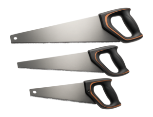 Set of hand saws with ergonomic handles on a white background.