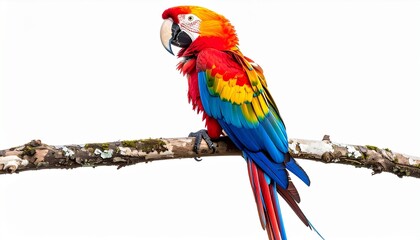 Fototapeta premium A parrot perched on a branch bright colorful feathers photorealistic realism white background with clean lighting 