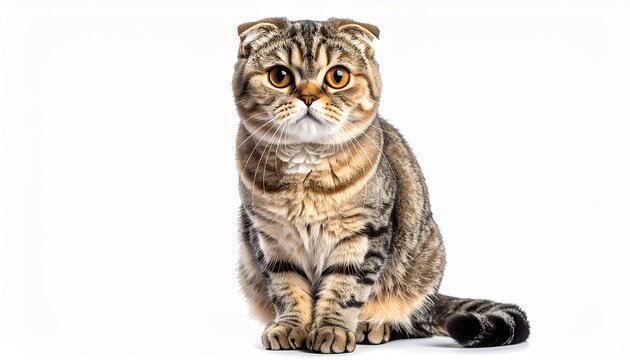 A Scottish fold cat sitting with folded ears photorealistic detail white background with natural highlights

