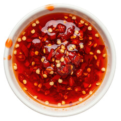 Spicy red chili sauce in a white bowl isolated on transparent background