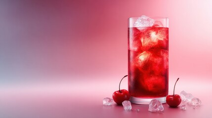 Refreshing iced cherry juice drink vibrant background beverage photography chill vibes close-up summer delight
