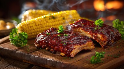 Grilled BBQ Ribs with Sweet Smoky Barbecue Sauce and Grilled Corn on the Cob, Served on a Rustic Wooden Table for a Perfect Summer Meal and Backyard Feast