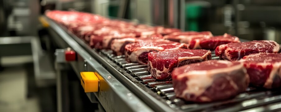 Fresh meat cuts on a conveyor belt ready for processing in a modern facility.