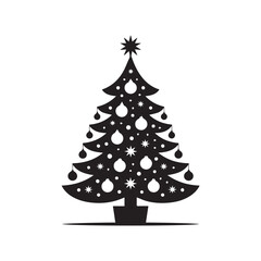 Fototapeta premium Stylized black silhouette of a decorated christmas tree with ornaments and star, isolated on white background