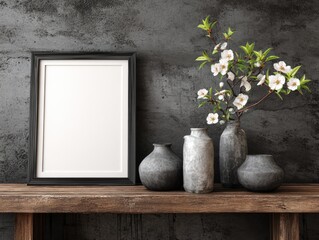 A stylish, blank framed display on a rustic wooden shelf, accented by muted grey vases and a delicate blossom branch.