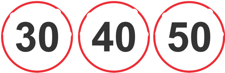 A set of three road signs with numbers 30, 40, and 50, representing speed limits, milestones, age, or specific numerical values in a clean and graphic style.