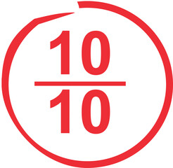  A red 10/10 icon within a circle, representing a perfect score, top rating, or excellent quality, ideal for reviews, grading, and achievement symbols.