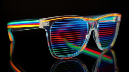 Colorful Retro Sunglasses with Vibrant Stripes on Dark Background
