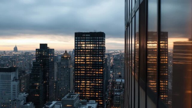 Urban cityscape dawn reflection over highrise skyline with glowing windows