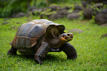 Fototapeta premium wide shot of a Galapagos tortoise moving in its natural tropical habitat surrounded by grass and scattered rocks.