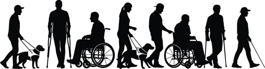 Silhouettes of people with disabilities and assistance animals walking