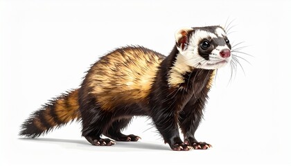 Fototapeta premium A ferret standing upright with curious expression photorealistic detail white background with soft shadows 