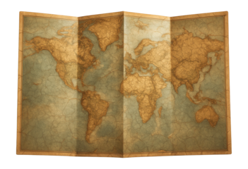 Folded map with a cracked textured surface, evoking a vintage travel theme.