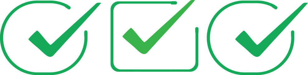  A set of three green checkmark icons in different styles, including a circle, a square, and a bold stroke, representing completion, success, and approval.