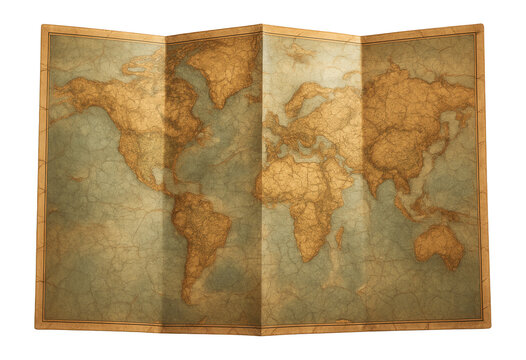 Folded map with a cracked textured surface, evoking a vintage travel theme.