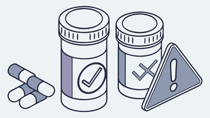 Drug Interaction Checker Icon - 3D Isometric Pill Bottles with Checkmark and Warning for Pharmacy Safety