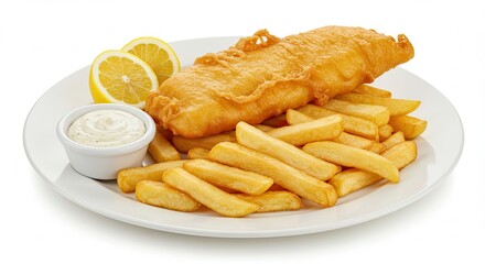 Classic Fish and Chips with Lemon and Tartar Sauce.