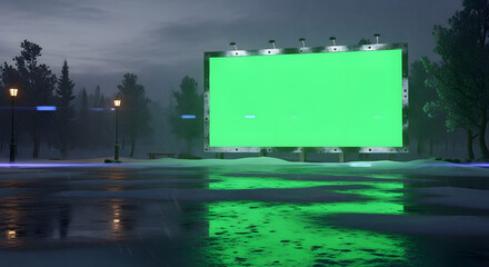A large, illuminated green screen billboard stands prominently in a park-like setting at dusk, with wet ground reflecting the lights and trees in the background.