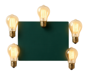 Glowing vintage light bulbs surrounding emerald chalkboard surface, illuminating minimalist design.