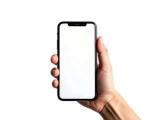 Hand holding a black smartphone with blank white screen