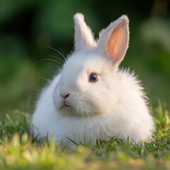 Close-up of fluffy white rabbit resting on spring meadow, shallow depth of field with blurred green grass background, soft natural lighting from side --ar 16:9 --v 7.0 --style raw --c 20 --s 20